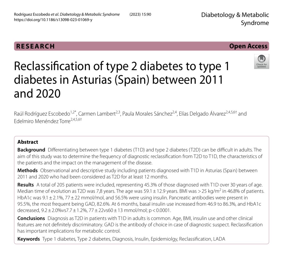 📣📣📣 Os traemos nuestra última publicación! Reclassification of type 2 diabetes to type 1 diabetes in Asturias (Spain) between 2011 and 2020. <a href="/FINBAsturias/">FINBA</a> <a href="/HUCA_Asturias/">@HUCA</a> <a href="/sociedadSEEN/">Sociedad SEEN</a>