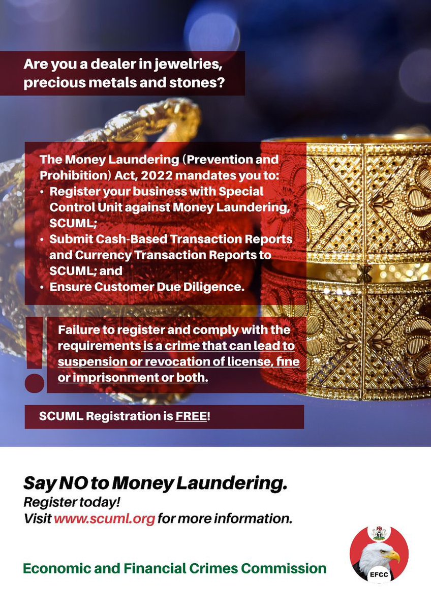 thisismide__'s tweet image. Do you deal with jewelries, precious metals and stones?? You should read this if you deal with items listed above because ignorance is not an excuse. #SCUML #EFCC