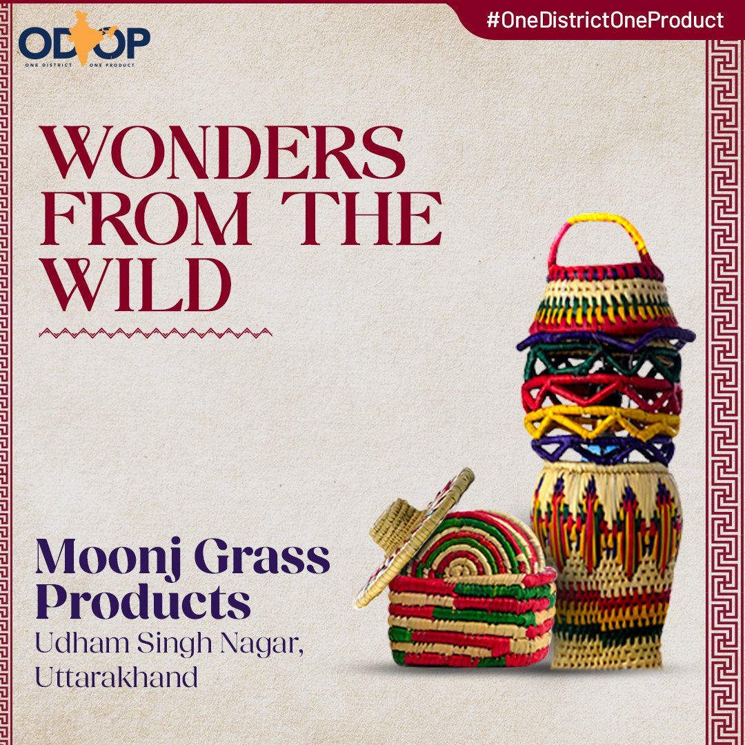 #OneDistrictOneProduct

The moonj grass products, including baskets, mats, and other decorative items, are produced by skilled artisans exhibiting intricate woven patterns & colours.

Know more at bit.ly/II_ODOP

#InvestInUttarakhand #ODOP @DestinationUKIS @handicraftsdc