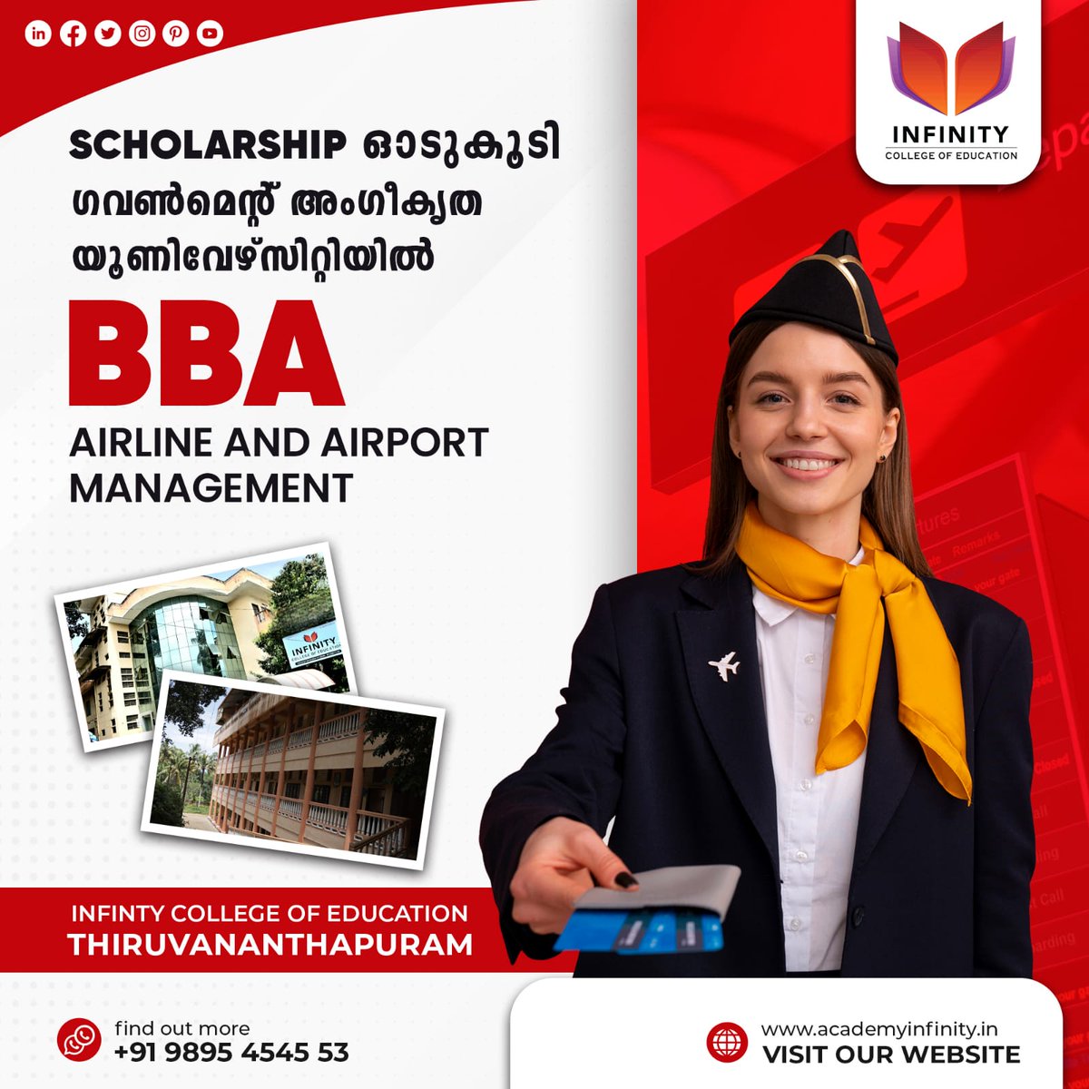 infinitytvm's tweet image. Enhance your career with our BBA Airline Airport Management Course with Scholarship at a Govt- Approved University.
Call us: +91 9895454553
Email ID: info@academyinfinity.in
#bbaadmission #bbaaviationadmission #bbaaviationmanagement #academyinfinity #infinitycollege #trivandrum
