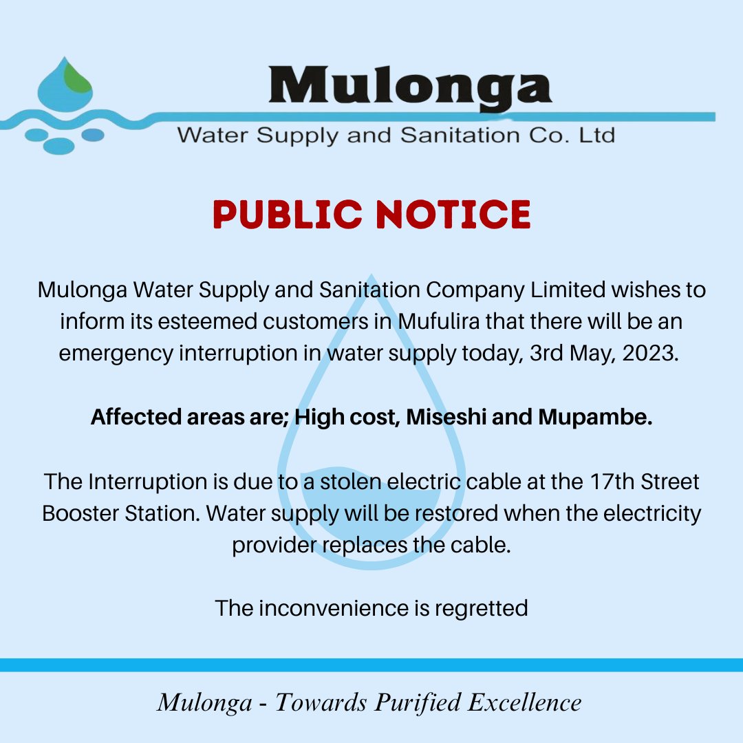 Here is a Public Notice from Mulonga Water Supply and Sanitation