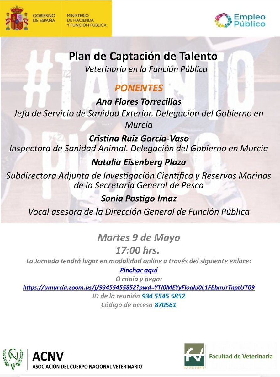 ACNV (@acn_veterinario) on Twitter photo La semana que viene, con la Facultad de Veterinaria de Murcia y con <a href="/Haciendagob/">Ministerio de Hacienda</a> organizaremos una jornada de #CaptacionDeTalento
Participarán:
-Ana Flores y Cristina Vaso de la Delegación del Gobierno en Murcia.
-Natalia Eisenberg del @mapagob
-Sonia Postigo de <a href="/Haciendagob/">Ministerio de Hacienda</a> La semana que viene, con la Facultad de Veterinaria de Murcia y con <a href="/Haciendagob/">Ministerio de Hacienda</a> organizaremos una jornada de #CaptacionDeTalento
Participarán:
-Ana Flores y Cristina Vaso de la Delegación del Gobierno en Murcia.
-Natalia Eisenberg del @mapagob
-Sonia Postigo de <a href="/Haciendagob/">Ministerio de Hacienda</a>