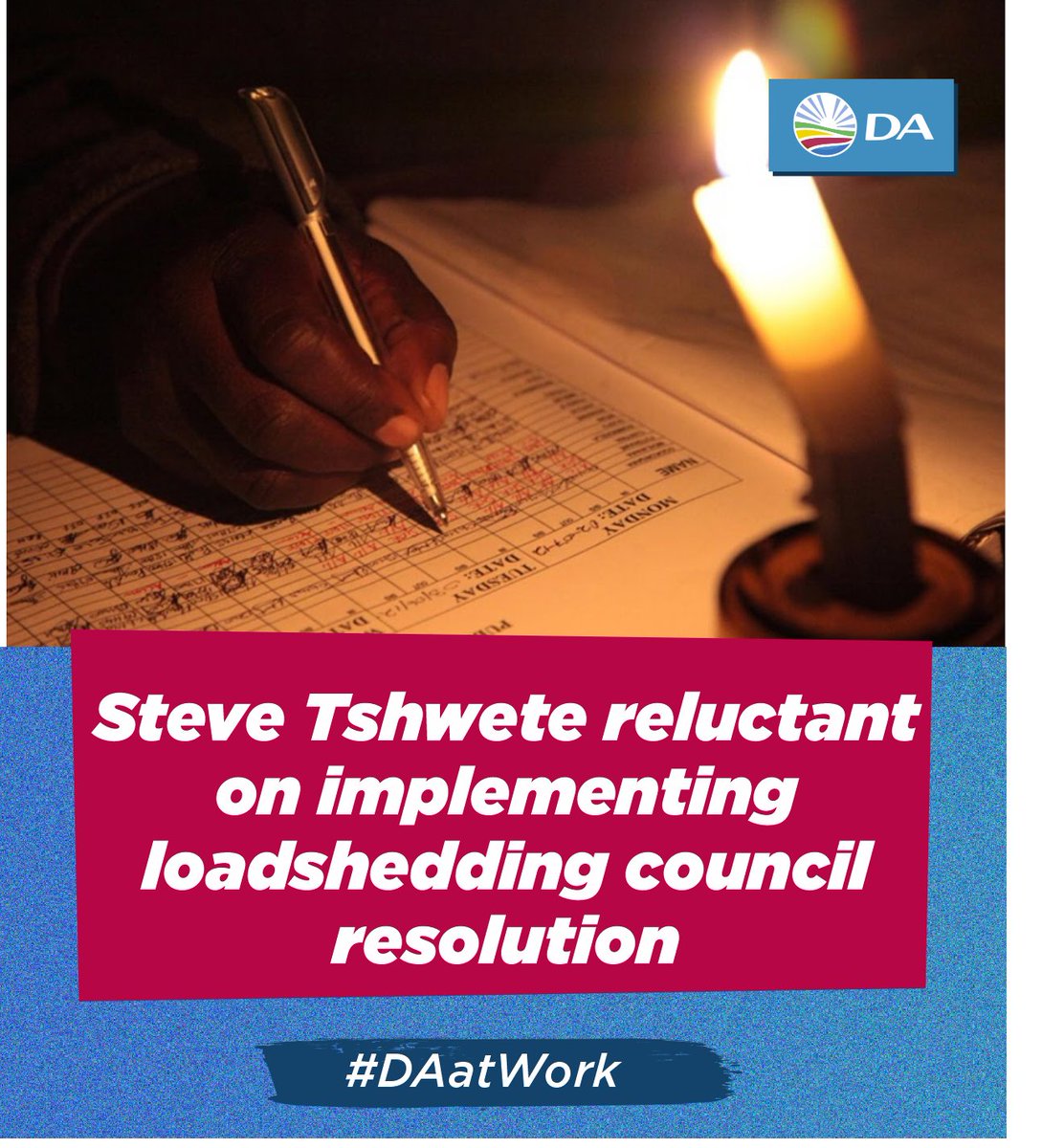 DA_Mpumalanga's tweet photo. The DA in Steve Tshwete is concerned with the municipality’s lethargic approach in dealing load-shedding.

This comes after a council resolution was taken in February that the municipality will be responsible for its own implementation of load-shedding as per Eskom’s schedule. https://t.co/EB9r35ctH2
