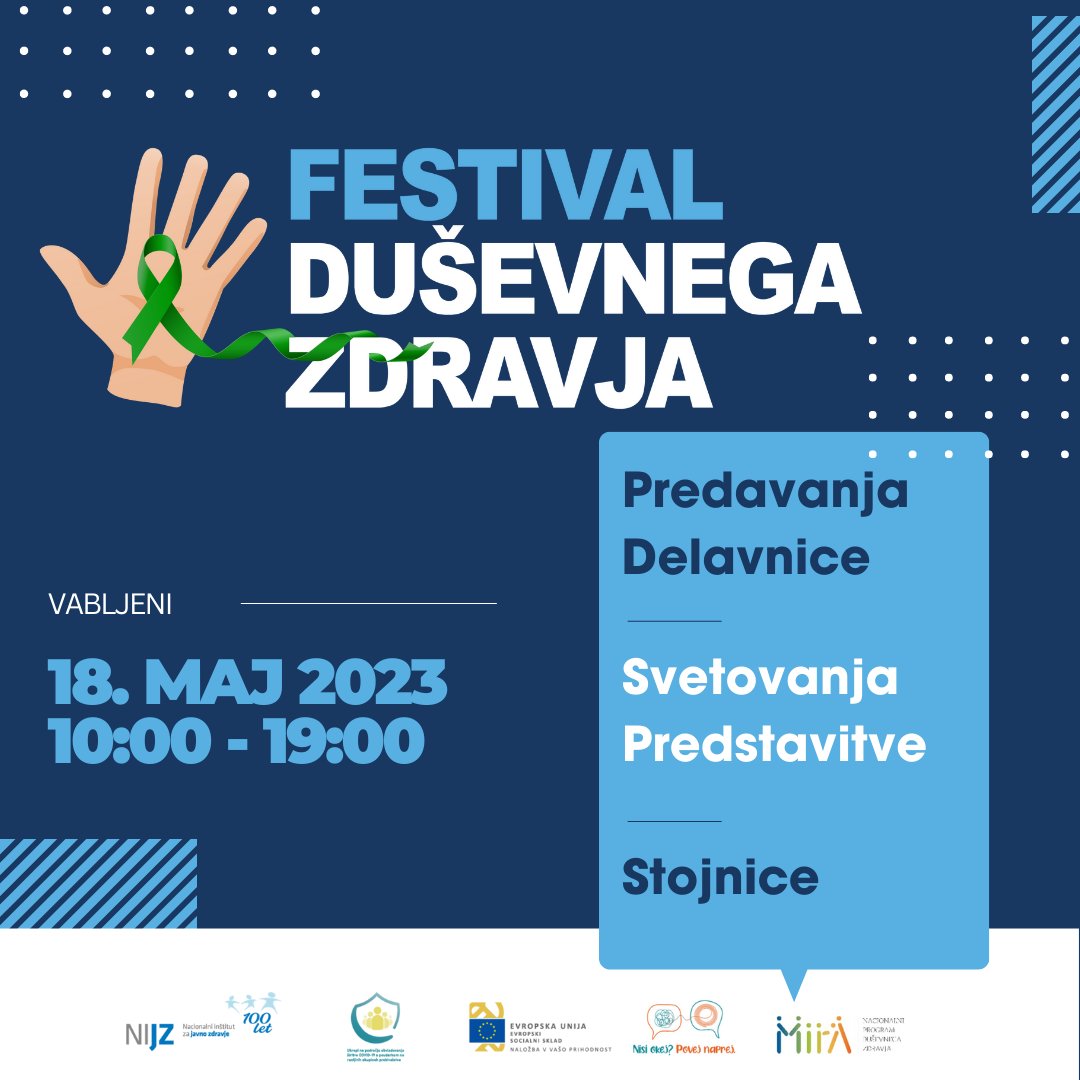 Navdušeni smo, da lahko naznanimo najbolj edinstven dogodek leta - #FestivalDuševnegaZdravja, ki se bo odvil 18. 5. 2023!  Pridružite se nam na delavnicah, svetovanjih, stojnicah, predavanjih in predstavitvah. nijz.si/dogodki/festiv…