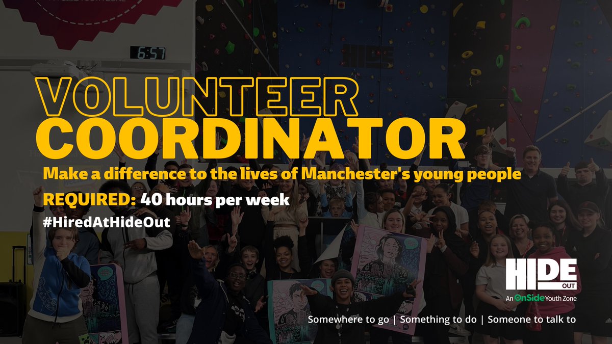 HideOut_YZ's tweet photo. π£ EXCITING OPPORTUNITY!
π We are #recruiting for a Volunteer Coordinator to help shape HideOutβs volunteer offer and strategy
π Join #TeamHideOut and make a difference to the lives of Manchester's young people
https://t.co/66xoun5aS2
#JobSearch #Manchester #Hiring https://t.co/5CIgdbSBno