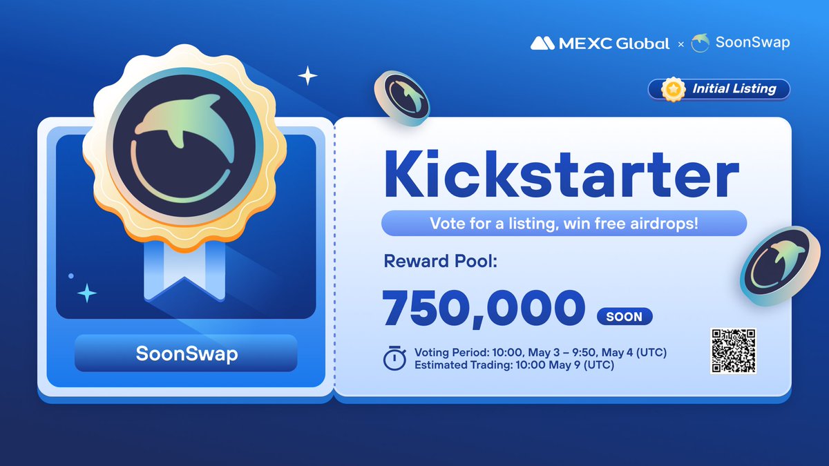 MEXC's tweet photo. The @soonswap Kickstarter is coming to #MEXC!     

🗳️Vote with $MX to support the $SOON listing and to share 750,000 $SOON airdrops 
⏰Voting period: 10:00 May 3 - 09:50 May 4 (UTC)   
📈Trading: 10:00 May 9 (UTC)

Details: https://t.co/P9ixWRkX8S https://t.co/jmjGOdtHHa