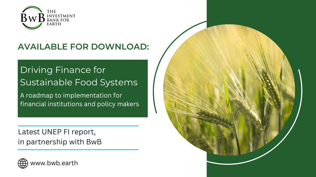 BwB_bank4earth's tweet photo. BwB are proud co-authors to the latest @UNEP_FI  report “Driving Finance for Sustainable Food Systems: A Roadmap to Implementation for Financial Institutions and Policy Makers”. Now available for download 👉 https://t.co/wgkMtVQMVV #Finance  #FoodSystems https://t.co/LowCcTyhSw