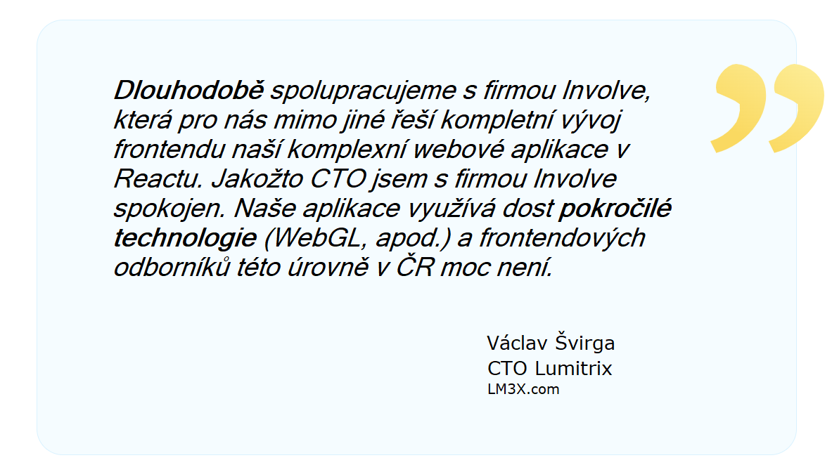 InvolveCz's tweet photo. Osobní zkušenost s námi mají i v Lumitrix (https://t.co/Wb2Aisp584) ! 👇

Chcete nás pro vývoj aplikace či webu vašeho podnikání také? Pojďme si o tom promluvit. ☕
📱 +420 774 000 025
💻 https://t.co/BSXQ3Uicd4 https://t.co/TvUgy12lra