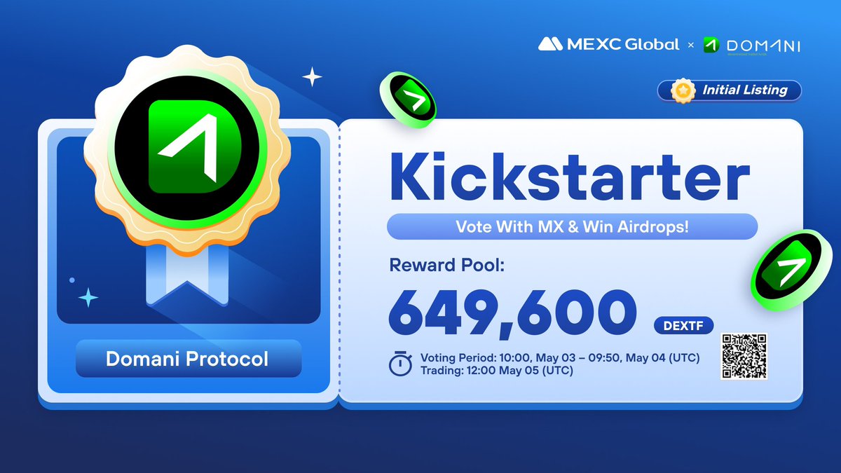 MEXC's tweet photo. The @DomaniProtocol Kickstarter is coming to #MEXC!     

🗳️Vote with $MX to support the $DEXTF listing and to share 649,600 $DEXTF airdrops 
⏰Voting period: 10:00 May 3 - 09:50 May 4 (UTC)   
📈Trading: 12:00 May 5 (UTC)

Details: https://t.co/xsCPAtVYOz https://t.co/eqAeSCGVJO