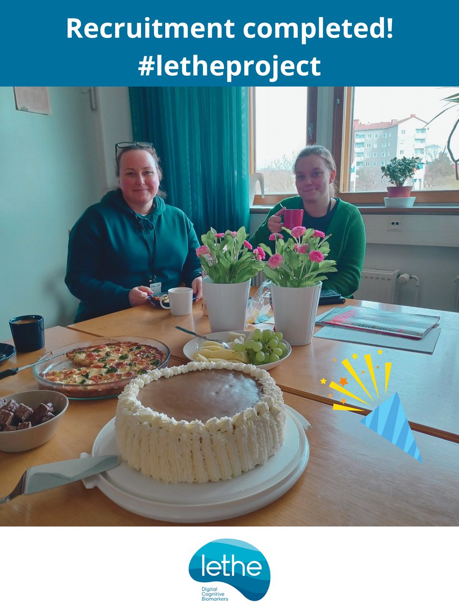 lethe_project's tweet photo. 🎉We did it! 40 participants enrolled for our #Letheproject trial recruitment. Thank you to all who applied and joined us.
Here's Nurse Joanna and Nutritionist Kerttu celebrating with cake!
Stay tuned for more updates on our progress! https://t.co/QN61GE44Bc