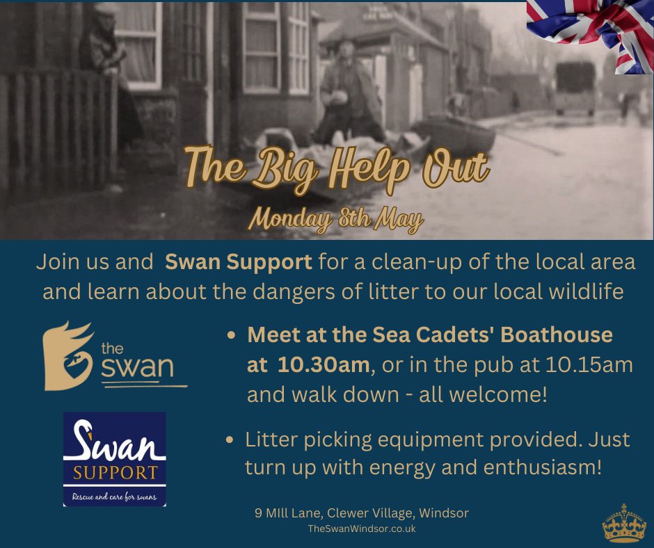 Join us and Swan Support for The Big Help Out on Mon 8th for a clean-up of the local area for wildlife. For info on our Coronation celebrations see here: theswanwindsor.co.uk
<a href="/swan_support/">SwanSupport</a>
#TheBigHelpOut📷 #TheBigLunch #theswan #clewer #dedworth #windsorpubs