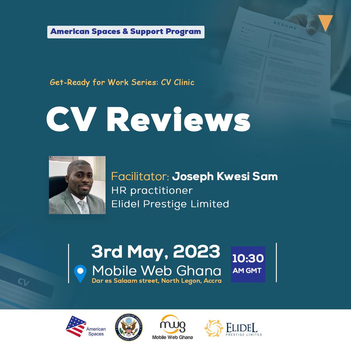MobileWebGhana's tweet photo. π It's finally here! Our in-person CV review session with JOSEPH SAM is happening TODAY!! at American Corner Agbogba. Are you ready to receive expert advice on how to improve your CV and stand out to employers?
#GetReadyForWork #CVReviews #JobSeekers #CareerAdvice https://t.co/nMITzv1q0J