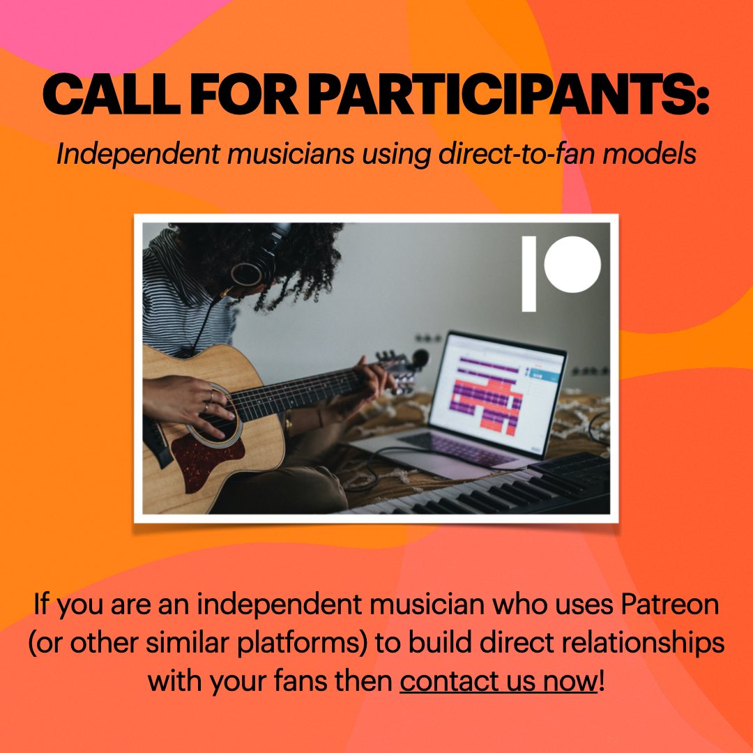 I’m working on a research project with @paulgomusic on how independent musicians use @patreon (or other platforms) in direct to fan funding. If you fit this description please send us a message so we can arrange a short interview! #fanstudies #music #musicindustry #Patreon