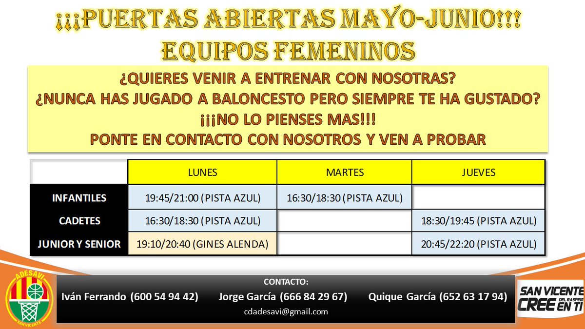 CDADESAVI's tweet photo. 🏀📢
¡TE DEJAMOS LA PUERTA ABIERTA!
Los equipos femeninos ya preparan la siguiente temporada y tienen un hueco para ti.
Ponte en contacto con nosotros y ¡vente a entrenar! https://t.co/8b8KKgc4Gi