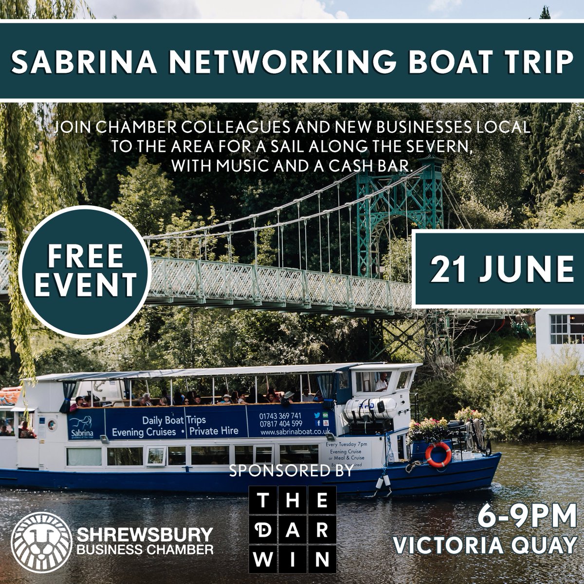 ShrewsBusiness's tweet photo. Join us for An evening of networking on board the Sabrina Boat.
Sponsored by @DarwinShopping 

Book tickets now - 
https://t.co/QJ9CJRqoca

#shrewsburybusiness #shrewsburybusinesschamber #networkingmarketing #shrewsburynetworking https://t.co/b82QgNU3Nu