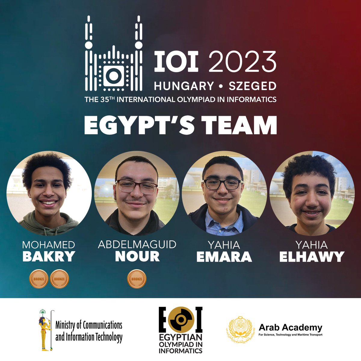 MCITEgypt's tweet image. To Represent Egypt at IOI 2023, National Team Formed
bit.ly/44pLbfK
#AASTMT #Egypt #IOI2023 #Olympiad #Informatics #Programming