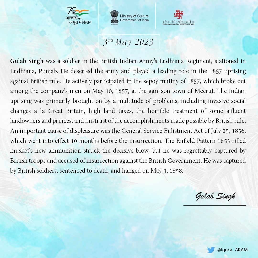Ignca_AKAM's tweet photo. #GulabSingh #FreedomFighter #MinOfCultureGoI #ignca_delhi #AzadiKaAmritMahotsav https://t.co/7L8kyayUTe