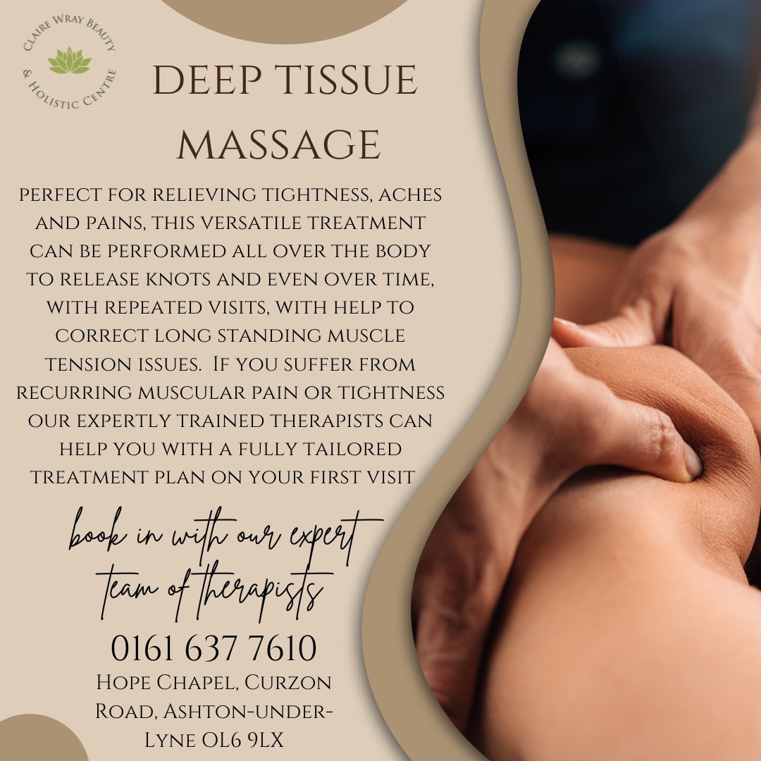 ClaireWray3's tweet photo. Deep Tissue Massage 🤍 
A treatment that is great for anyone with knots that are painful. You and your therapist will be able to set up a treatment plan that will benefit you and work with your schedule to help you become pain-free!
Call us to book on 0161-637-7610
#deeptissue https://t.co/CDdBYjnzpz