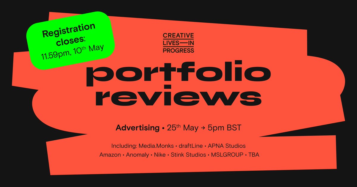 📣 Considering a career as an advertising creative? Our next portfolio review is for you!

⏱ Register by 11:59pm, 10th May, for a chance to get feedback and advice on your book from art directors, graphic designers, creative directors and more! > bit.ly/42hXXeb