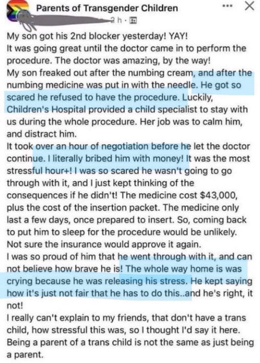 againstgrmrs's tweet image. Maunchausen Mommy bribes “son” with money to take “his” chemical castration drugs. Evil. Sick. Beyond comprehension that a mother could do this to her child. 

This is child abuse, and it needs to start being treated as such.