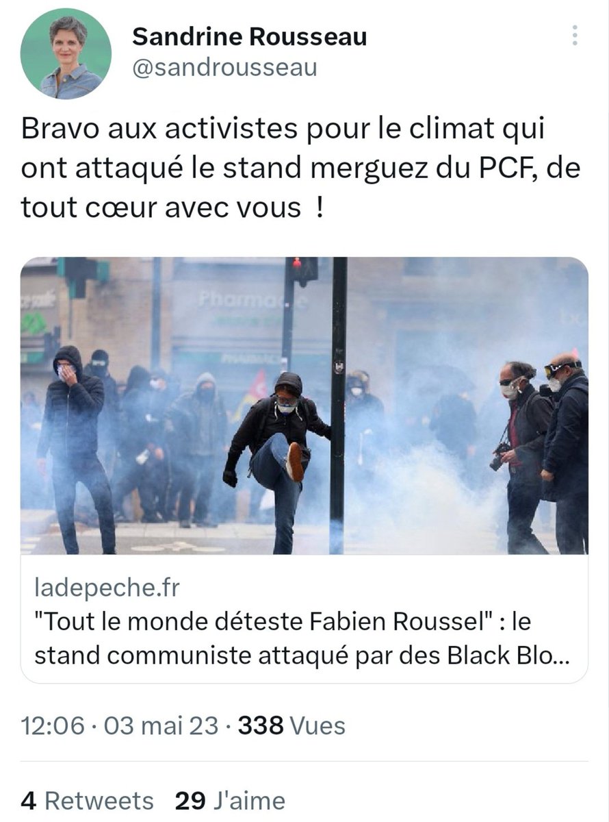 ⚡ 🇨🇵 FLASH - Sandrine Rousseau félicite les militants qui se sont attaqués au stand du #PCF lors du cortège du #1erMai