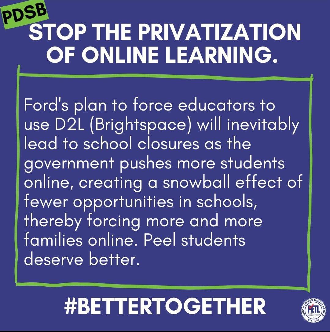 PatriceSimply's tweet photo. @PeelSchools @fordnation @D2L Taking resources away from public schools and hurting students in the process. We are #BetterTogether. Stop @D2L exclusivity. Put staff and students first. #OntEd https://t.co/0YSd5wUDOr
