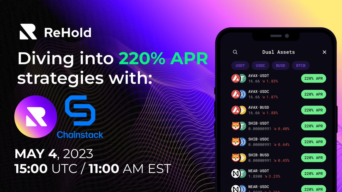 rehold_io's tweet photo. 🔎 Let's dive into #ReHold!

Our friends at @ChainstackHQ 💙 have kindly invited us to their Twitter Space where we'll be talking more about @ReHold_io and discussing our innovative high-yield #crypto strategies with up to 220% #APR 🚀

Don't miss out 👉  https://t.co/VU5BhKsKXh https://t.co/ptD3B9GsT3