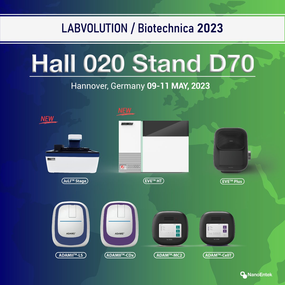 NanoEntek1987's tweet image. NanoEntek will participate in LABVOLUTION/Biotechnica 2023 in Hannover on 9-11. May. 2023 🙌
⠀
Please come by Hall 020.Stand D70! You can meet our products such as JuLI Stage, EVE HT, ADAMII LS, ADAMII CDx, ADAM MC2, ADAM CellT in our booth.
⠀
#NanoEntek #LABVOLUTION2023
