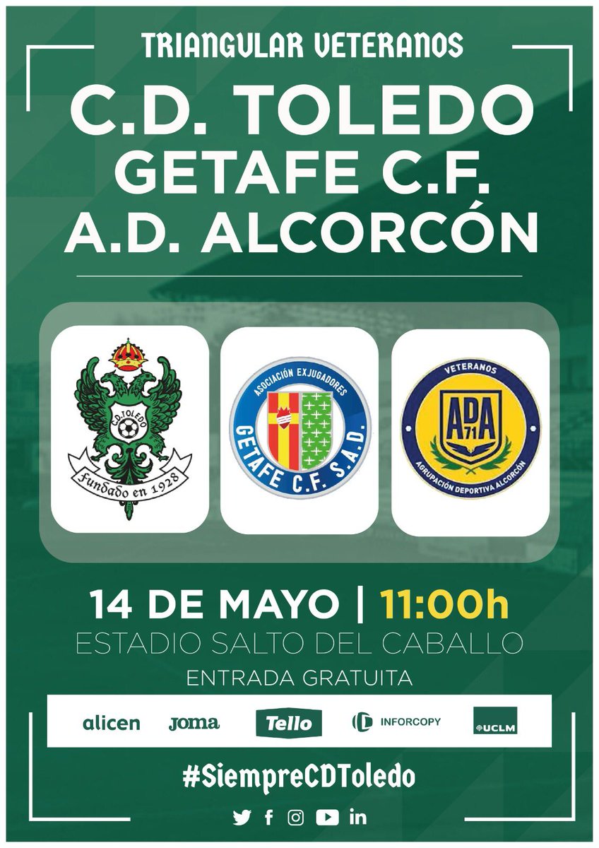 ADVADALCORCON's tweet photo. El próximo domingo 14 de Mayo visitamos a nuestros amigos del @CD_Toledo veteranos, para jugar un triangular VS ellos y @GetafeCF Veteranos. Os esperamos en #Elsaltodelcaballo a tod@s a las 11h!! @AD_Alcorcon https://t.co/nhaNMsq2Jk