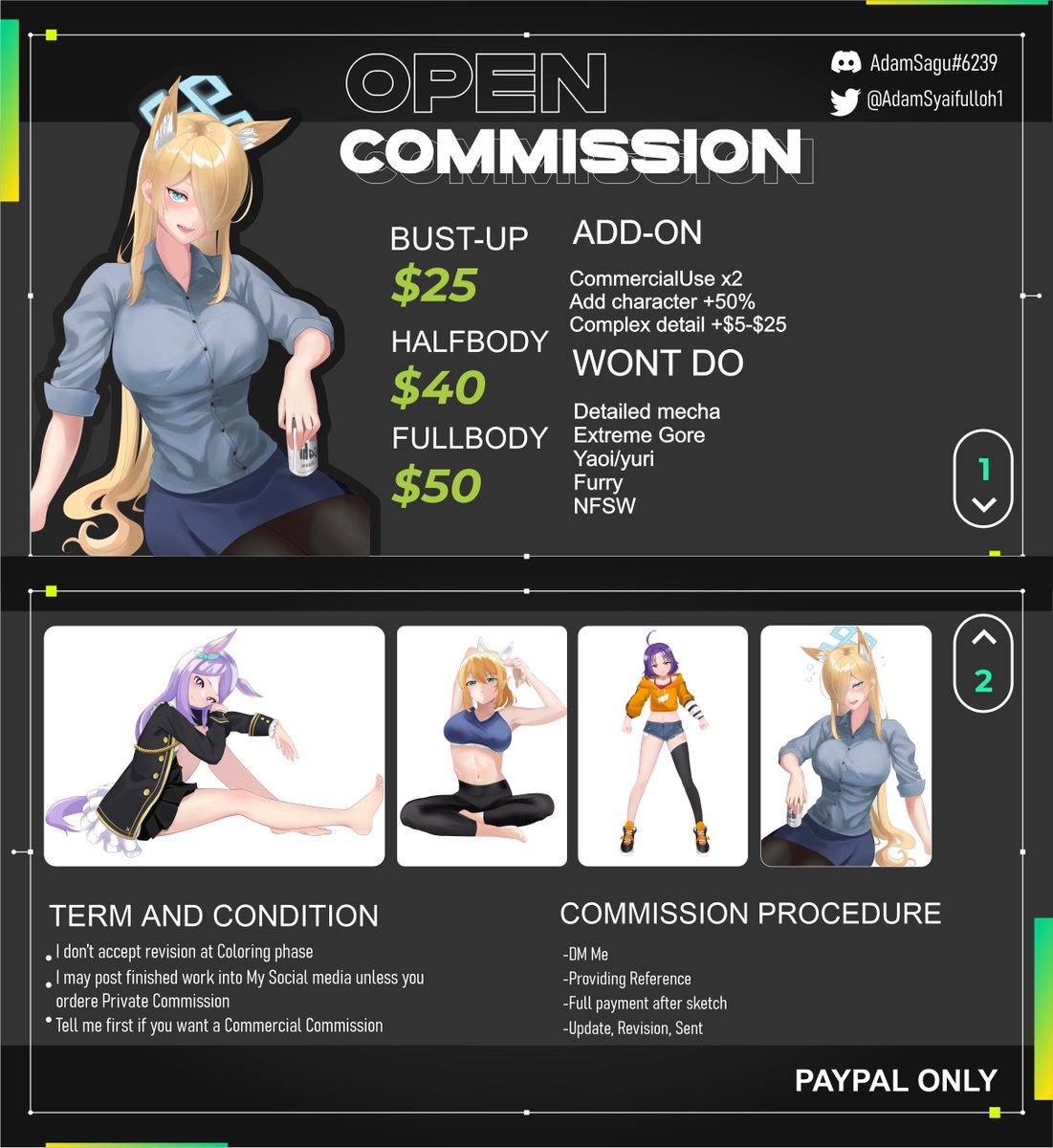 Alo~
Opening Commission for 3 slot in May.

you can DM me on twitter or discord if you're interested! RTs are much appreciated~
Thankyou!!
#commissionsopen #commissions #CommissionSheet