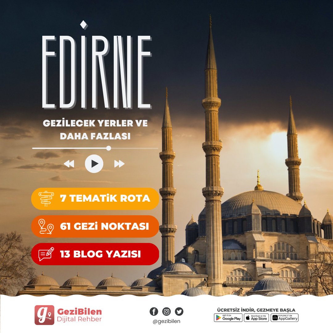 GeziBilen's tweet image. Osmanlı başkenti, kadim şehir Edirne&apos;yi GeziBilen&apos;in sesli rehberi eşliğinde keşfetmeye başla! 

🔗 Şimdi İndir: gezibilen.com/download

#GeziBilen #audioguide #guide #gezilecekyerler #travel #traveller #şehir #city #travelguide #digitalguide #cityguide #tourist #explorer