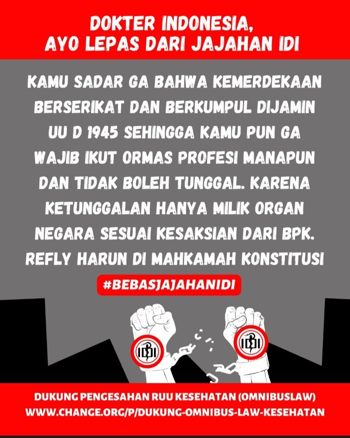 apiwsky's tweet photo. @PBIDI Go kemerdekaan buat para dokter Indonesia ! Berkarya tanpa dengan #DukungRUUKesehatan dan isi petisi ini https://t.co/yaJmXqJtPZ kalau kamu perduli nasib dokter Indonesia #BebasJajahanIDI https://t.co/lYZbHvkeka