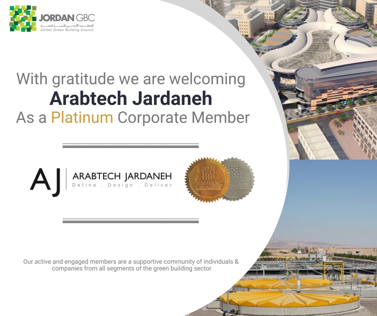 #Membership #WelcomingOurMember
يسرُّ المجلس الأردني للأبنية الخضراء بأن يرحب بمجموعة أرابتك جردانة كعضو بلاتينوم في المجلس🎉
نحن ممتنين لكونكم جزءاً من عائلتنا الخضراء! 🍀
@AJardanehGroup 

#JordanGBC #GreenSector #GreenProducts #GreenBuildings #Members #Jordan #Green #Business
