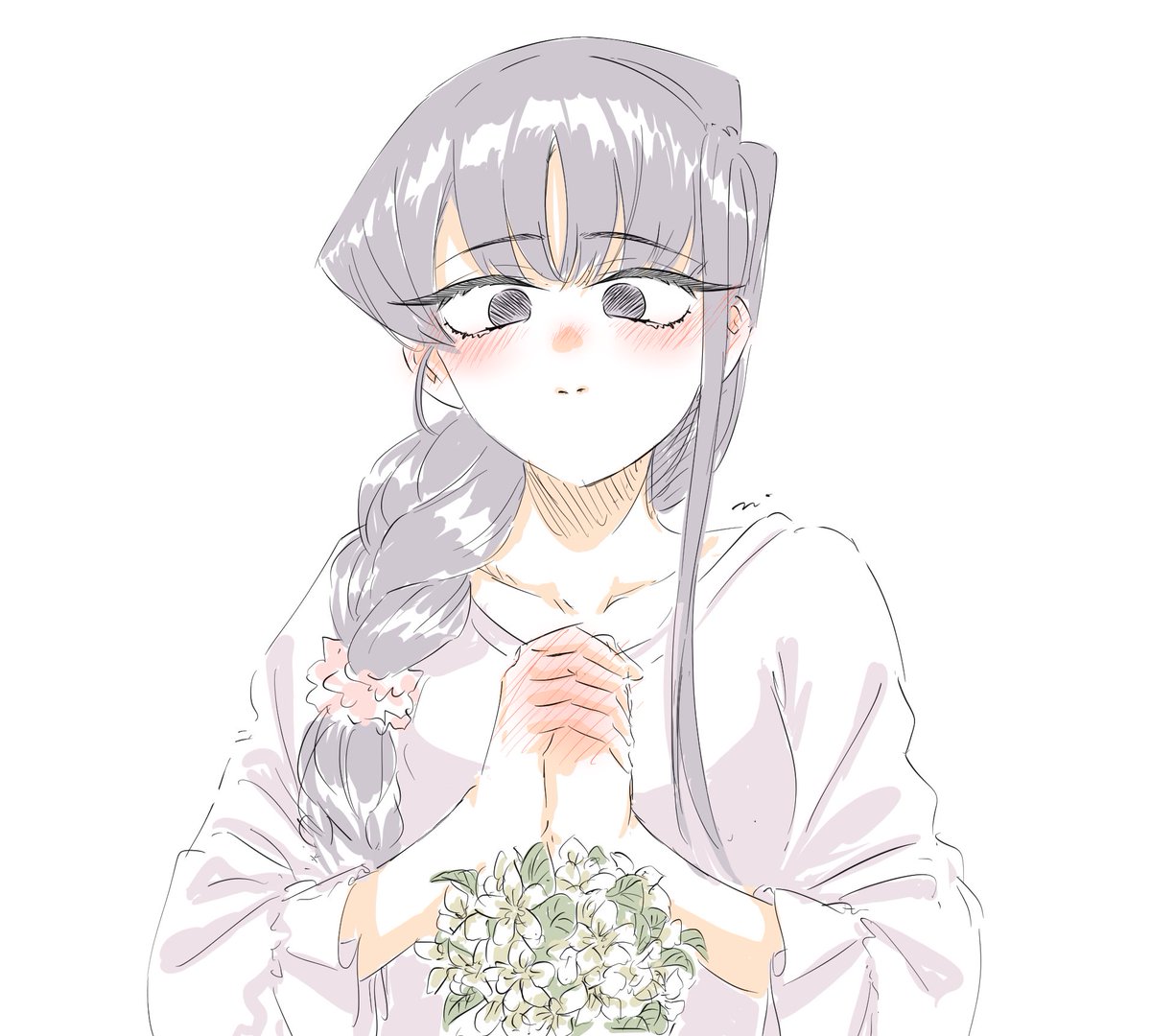 komi shouko 1girl solo flower white background long hair braid black eyes  illustration images