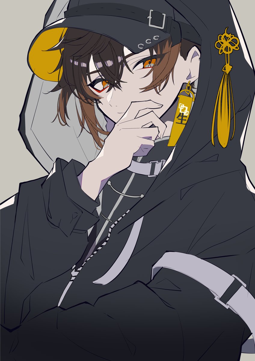 zhongli (genshin impact) 1boy tassel male focus brown hair solo hood simple background  illustration images