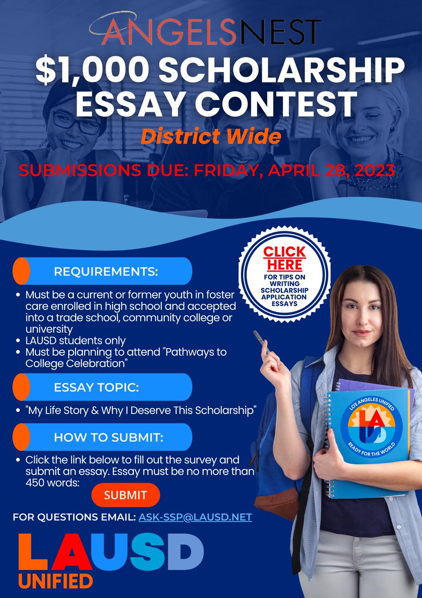 The essays are in! Our committee of judges are diligently reading and scoring every essay. 5 winners will be selected by next week. Winners will be announced at LAUSD’s graduation event! #FosterCare #fosteryouth #Scholarship #graduation2023