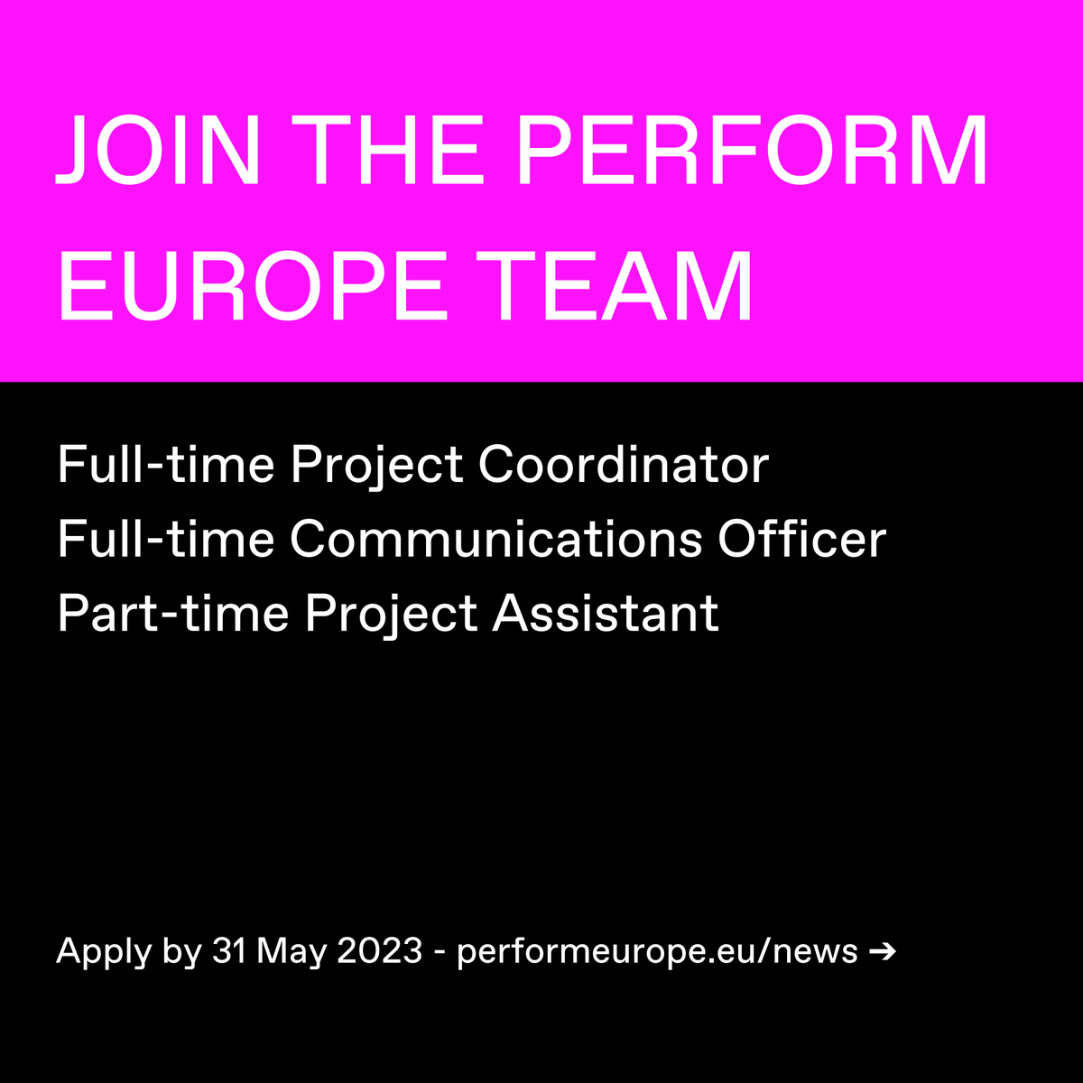 #JobOpportunities

Want to work with us and contribute to shaping the future of the #PerformingArts?

We are looking for 3 brilliant professionals to join the Perform Europe team:

🔵 PROJECT COORDINATOR
🔵 COMMUNICATIONS OFFICER
🔵 PROJECT ASSISTANT

👉 performeurope.eu/news