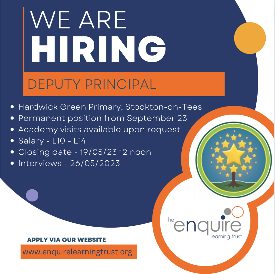 💥We are looking for a Deputy Principal to join The Enquire Learning Trust 🧡 Interested? Or know someone who might be? Please Share! 📍Hardwick Green Primary, Stockton-on-Tees 🗓19th May, 2023 12noon To find out more or to apply ⬇️ enquirelearningtrust.org/job-vacancies/…