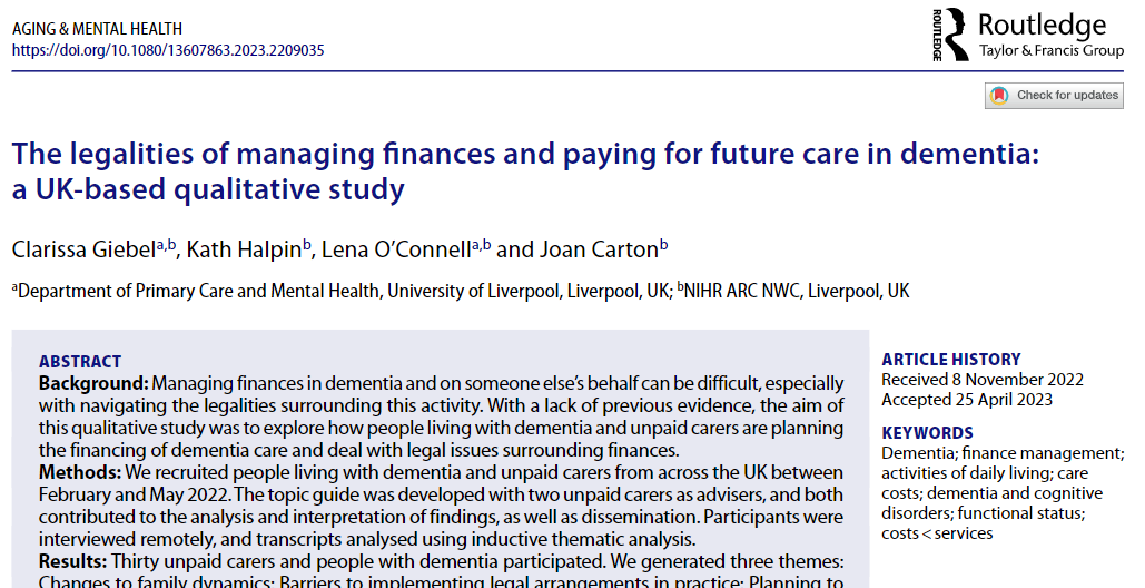 Dr Clarissa Giebel 🇪🇺 🇩🇪 (@clarissagiebel) on Twitter photo 📢Our new study into the legalities of managing finances and paying for future care in #dementia is now out in <a href="/AgingMH/">Aging & Mental Health</a>! Many unpaid carers struggled implementing legal arrangements for their relative with dementia
<a href="/Joan7777777jc17/">Miss Joan Carton</a>
tandfonline.com/doi/full/10.10… 📢Our new study into the legalities of managing finances and paying for future care in #dementia is now out in <a href="/AgingMH/">Aging & Mental Health</a>! Many unpaid carers struggled implementing legal arrangements for their relative with dementia
<a href="/Joan7777777jc17/">Miss Joan Carton</a>
tandfonline.com/doi/full/10.10…
