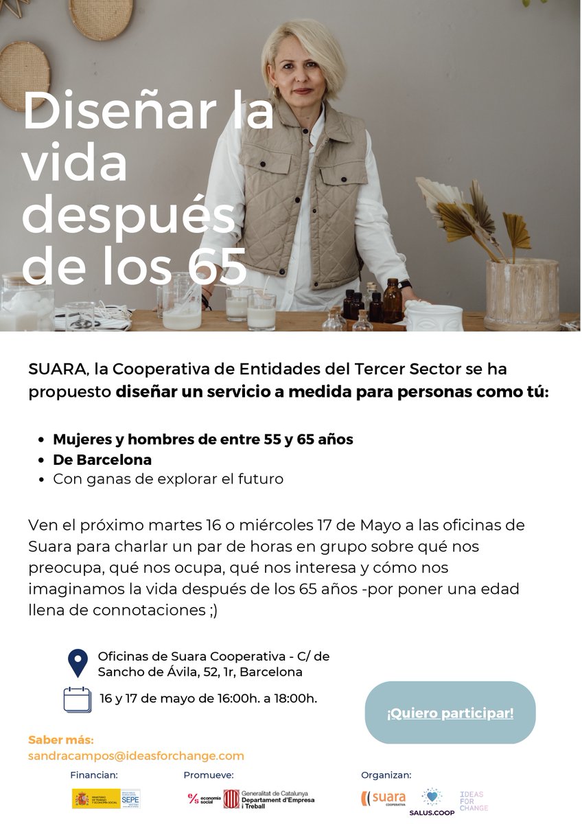 ¿Cómo contribuir a un #envejecimiento activo?💡

El 16 y 17 de mayo organizamos junto a <a href="/suaracoop/">Suara Cooperativa</a> unos talleres participativos para explorar las motivaciones, intereses y preocupaciones y diseñar un servicio a tu #medida.  

Apúntate:
ideasforchange1.typeform.com/to/o4e6zVc7