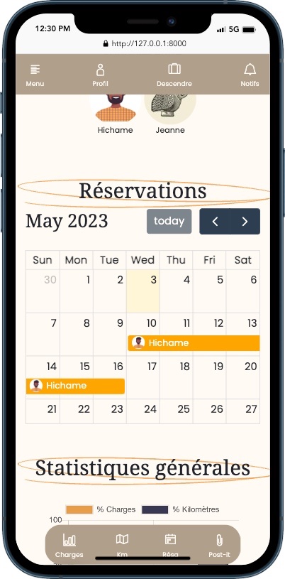 jlagab's tweet photo. Nouvelles fonctions :
📊stats générales pour voir si répartition charges/utilisation est équilibrée 
🗓️ calendrier de réservations (avec #fullcalendar)
📮affichage de post it (suggestion de @archiptere )

#buildinpublic #CoCarCo https://t.co/qI4y1AI45g