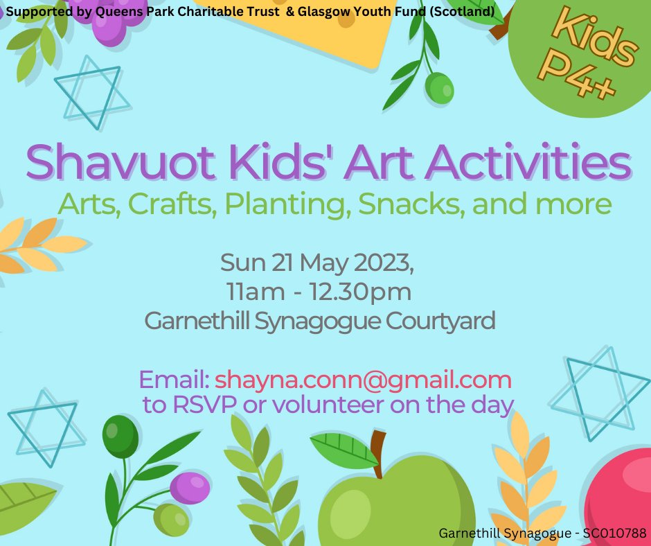GSA Community Engagement (@gsacommunity) on Twitter photo Join Garnethill Synagogue for their free kids' art & nature event on Sunday 21st May. Learn about one of the most important festivals in the Jewish Calendar, while getting messy and eating delicious food! For more info or to reserve your place, email shayna.conn@gmail.com Join Garnethill Synagogue for their free kids' art & nature event on Sunday 21st May. Learn about one of the most important festivals in the Jewish Calendar, while getting messy and eating delicious food! For more info or to reserve your place, email shayna.conn@gmail.com