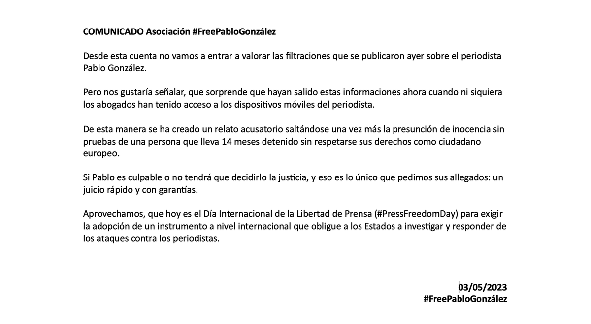 FreePabloGonz's tweet photo. Comunicado ante las últimas informaciones publicadas sobre el periodista Pablo González. https://t.co/XqsAWMW4dq