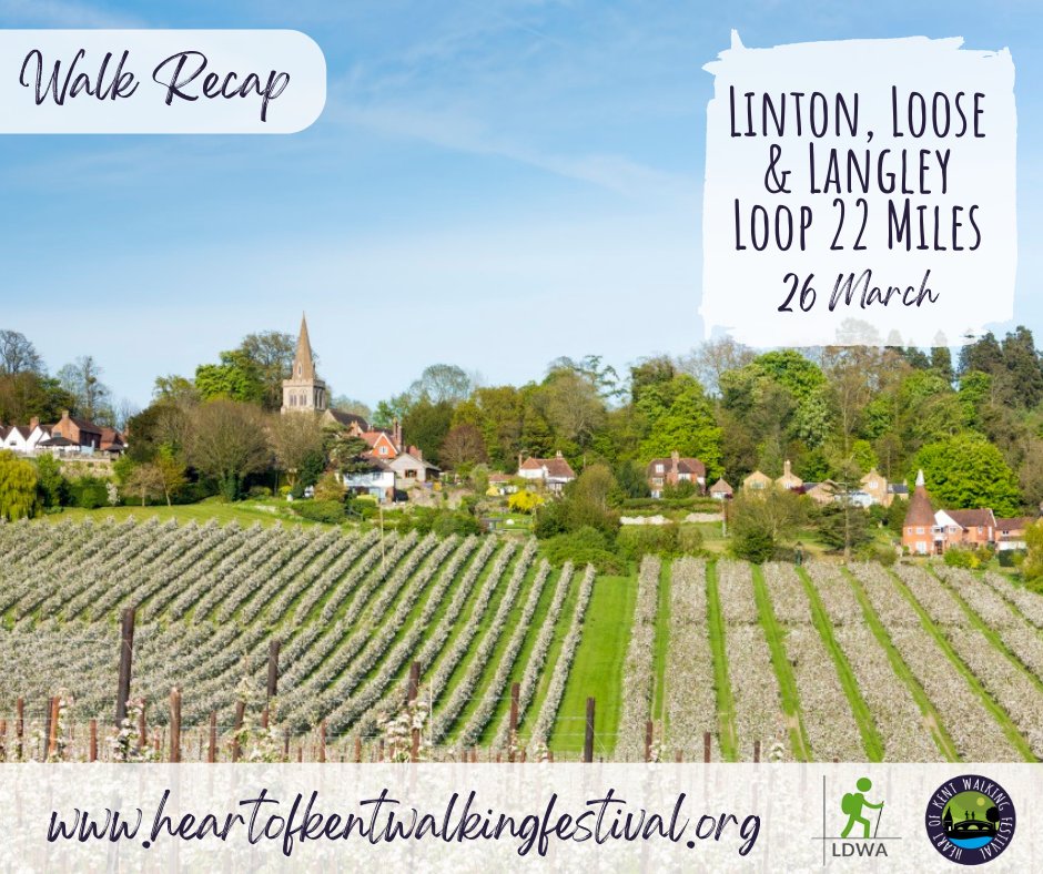 HeartofKentWalk's tweet photo. On 26 March, Peter from Long Distance Walkers Association took 22 walkers on the 22 mile Linton, Loose and Langley Loop!

Despite some long detours due to flooding, most walkers finished the 22 mile hike, and enjoyed coffees in Loose and lunch in Langley.

@LDWA1 #walking #Kent https://t.co/E9ecuHbcou