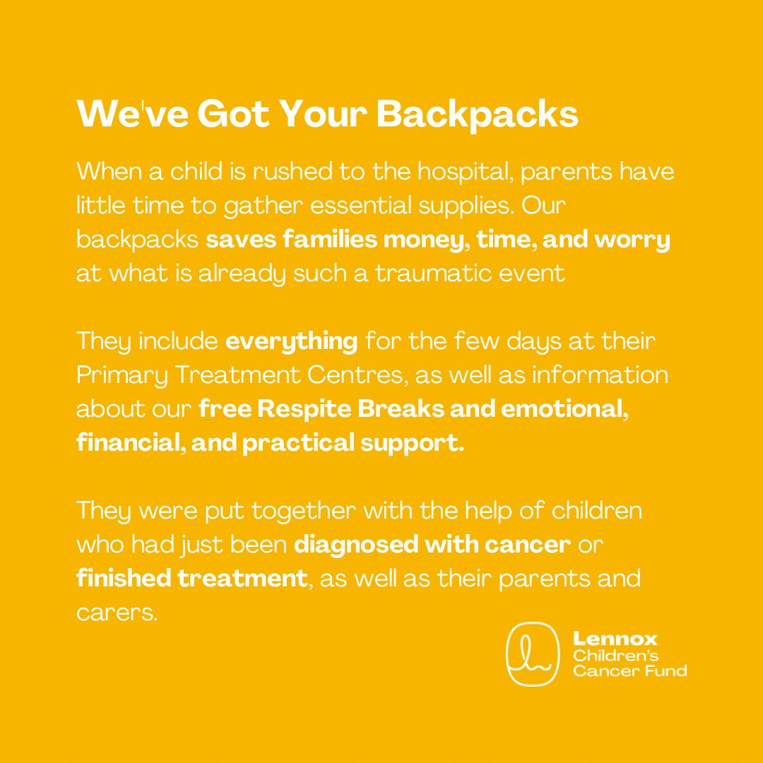 We’ve Got Your Back Packs 💛 Our practical and thoughtful care packages are now provided in several major UK hospitals in the South East. Our next goal is to supply them for every childhood cancer diagnosis nationwide but we need your help... For more info, check our website 💛