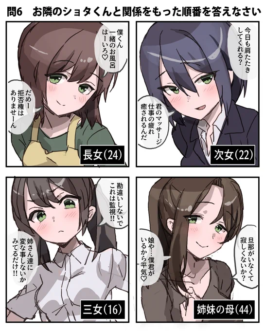 [問六] お隣のショタ君と関係を持った順に 年の差幼なじみ家族を並び替えなさい