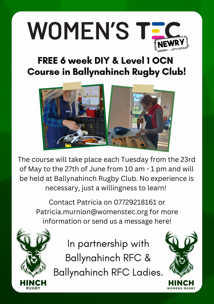 womenstec's tweet photo. We are delighted to be working with the @HinchRFC for our next WOMEN’STEC DIY Roadshow! This is for women who are not working or working less than 16 hours per week so get in touch soon if you're interested! #womenstecnewry #womenstec #womenstec #notjustforboys #diyclass #ocn https://t.co/CDC1npV0Iq