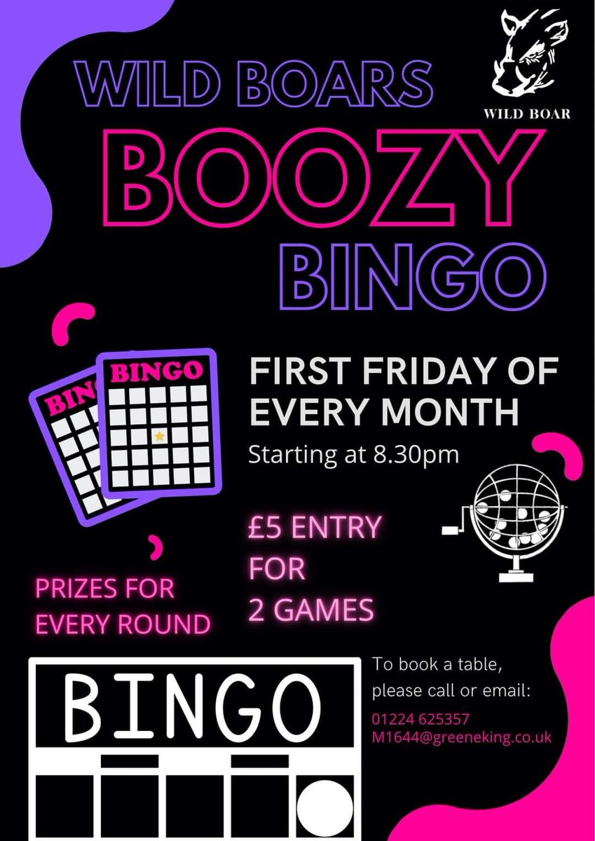 Boar Boozy Bingo This FRIDAY! 🍻
Have you booked your table? 🕣

Start your weekend off right with a Boozy Bingo hosted with Travis. It's a game of chance that anyone can win. Will you be our next full house caller? 

When: Friday 5th May at 8:30PM
Where: Wild Boar!
Be there! 🍹