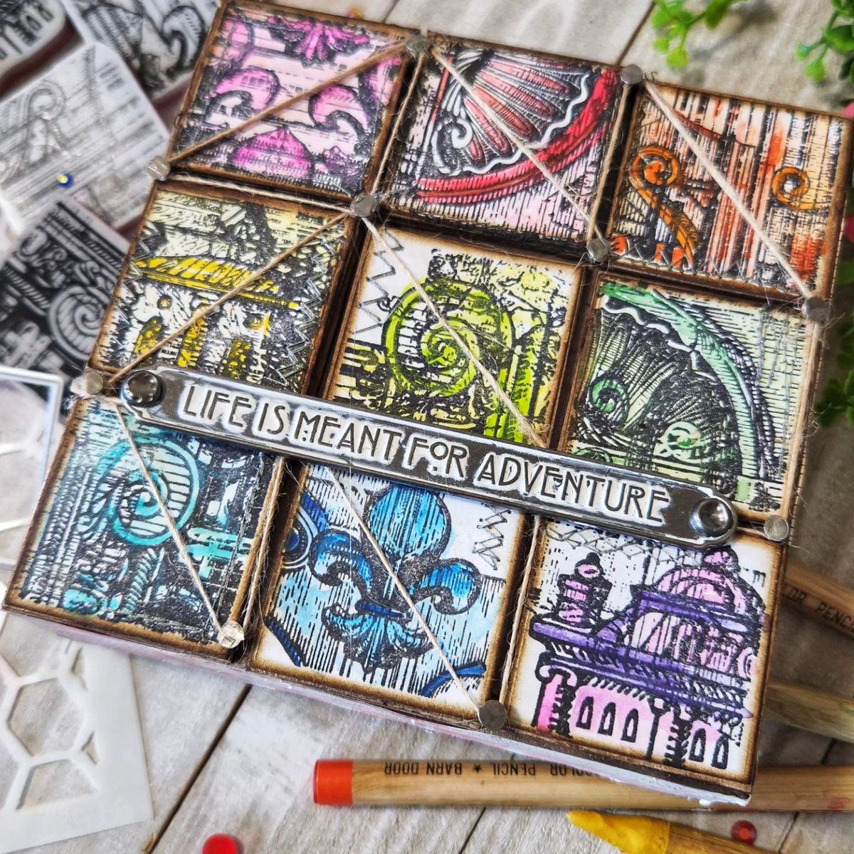 stampers_anon's tweet photo. 🎨 Vignette Box + NEW #timholtzstamps Creative Blocks colored with Distress Watercolor Pencils—all popped up onto chipboard pieces for added dimension ✨

✂️ #handmade by @luv2papercraft

#creativeblocks #crafts #DIY #mixedmedia #onlineshopping #stampersanonymous #timholtz https://t.co/sm4nWc6TzW