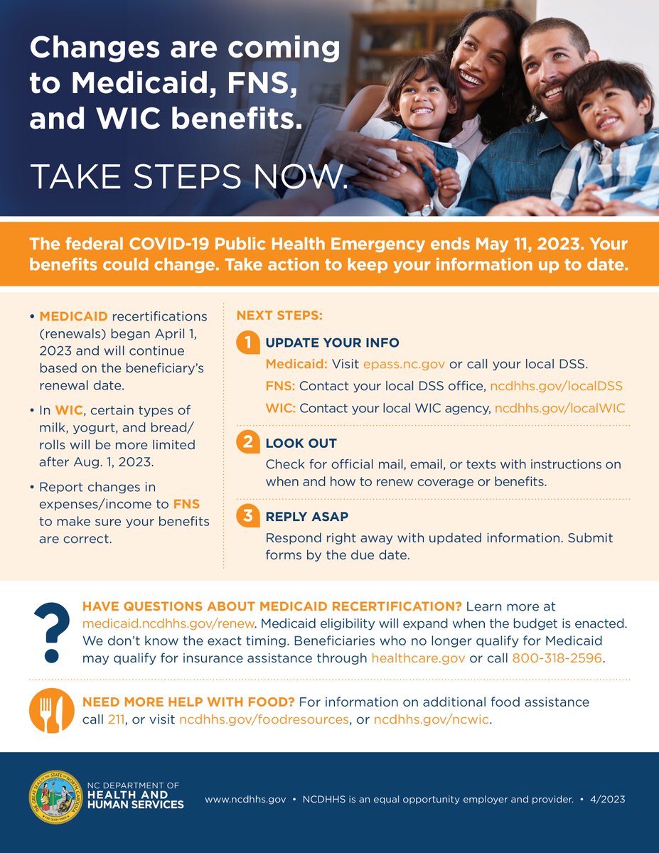 MANNAFoodBank's tweet photo. The federal COVID-19 Public Health Emergency ends on 5/11, &amp; changes are coming to Medicaid, SNAP, &amp; WIC benefits. Refer to this flyer (English + Spanish) to find out what action steps recipients can take &amp; ensure their information is current.

#foodislove #mannawnc #feedingwnc https://t.co/AiXWBzgPe0